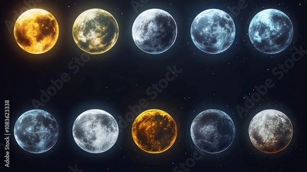 Obraz A collection of twelve moons in different phases and colors against a starry night sky.