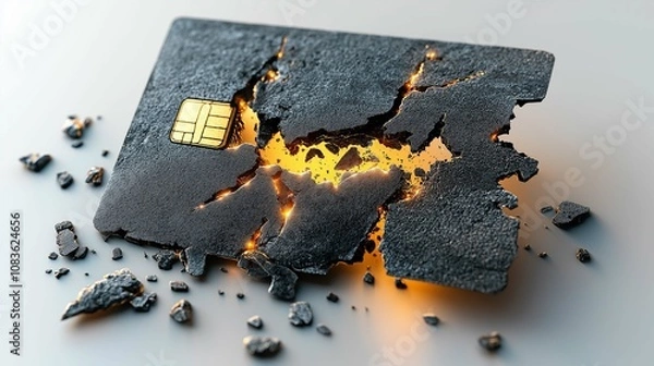 Fototapeta Cracked SIM Card with Glowing Interior on a Reflective Surface, Symbolizing Data Loss and Technology Breakdowns in the Digital Age