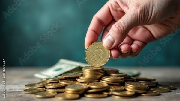 Fototapeta A hand lifts a Bitcoin from a pile of shiny coins, symbolizing cryptocurrency investment amidst a backdrop of dollar bills and wealth