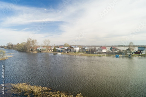 Fototapeta Spring landscape with river in rural terrain