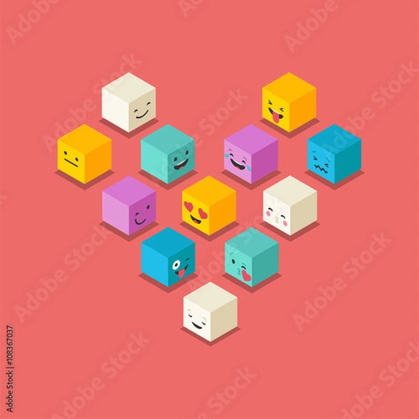 Obraz Isometric love, heart symbol emoticons cubes, square colorful icons
