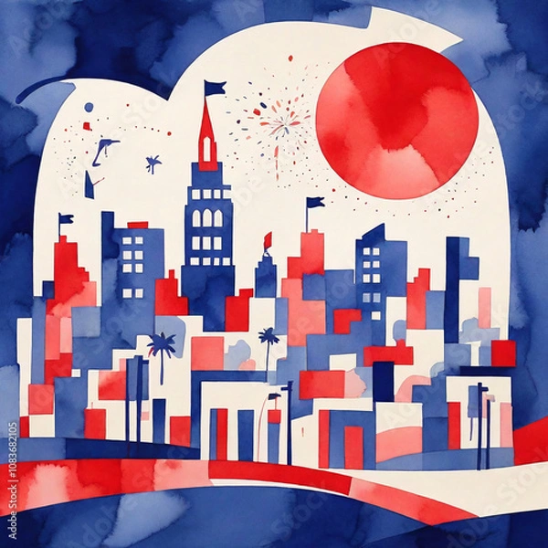 Fototapeta Abstract vibrant geometric watercolour art. Multicoloured shapes, elements creates architecture streets. Square retro wallpaper. Technology energy pattern. Abstract city buildings. Urban town houses. 