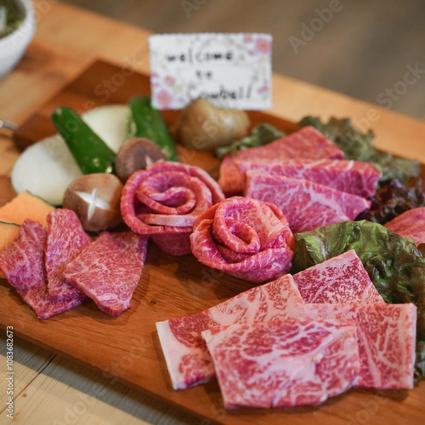 Fototapeta Raw beef. Shiraoi Wagyu is one of the signature food that tourists must try when visiting Hokkaido. Prepared raw beef for self service BBQ grilling.