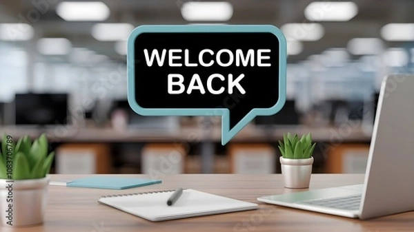 Obraz A modern office desk with plants, a notebook, and a welcoming "Welcome Back" speech bubble. AI generated.