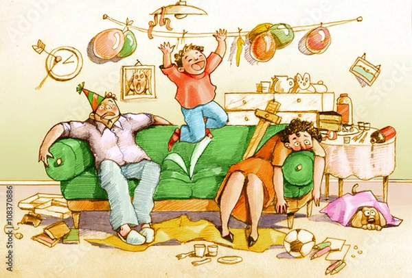 Fototapeta After the birthday parties I think I'm too old to work as a parent humor pencil hand made draw