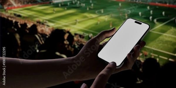 Obraz Black African-American old male using smartphone with a blank white screen. Soccer, stadium, spectators apps mockup. Vertical phone orientation