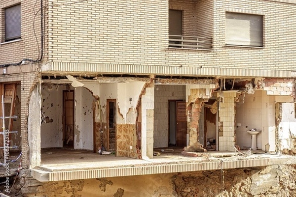 Fototapeta Three-storey single-family home half-destroyed by the flood in the Poyo ravine caused by the intense rains of the Dana over the Valencian community