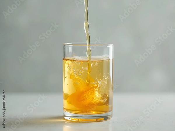 Fototapeta Refreshing Apple Juice Pour: Vitamin Tablet, Splash, Bubbles, Grey Background, Healthy Drink, Clean Glass