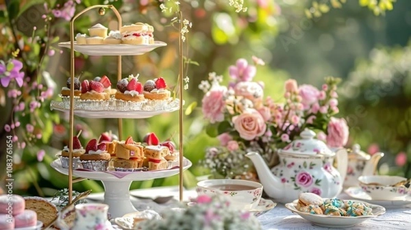 Fototapeta A beautifully arranged high tea event with fine china, tiered trays of pastries, and a variety of teapots on a table with floral decorations.