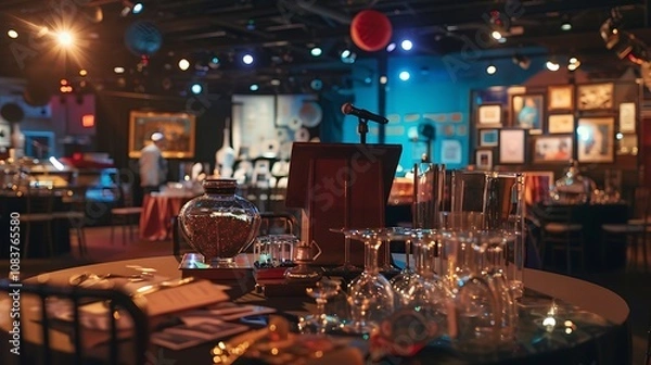 Fototapeta A detailed shot of a charity auction event with a stage, auctioneera??s podium, and items displayed for bidding on tables.