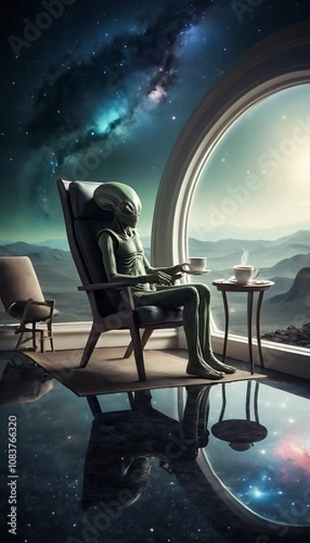 Fototapeta Alien, Extraterrestrial, Tea, Drinking, Space, Cosmic, Galactic, Nebulae, Stars, Peaceful, Serene, Otherworldly, Elegance, Tranquility, Ethereal, Astral, Chair, Seated, Relaxi image