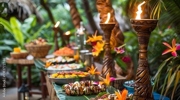Fototapeta A detailed shot of a summer luau party setup with tiki torches, a buffet table filled with tropical dishes, and colorful decorations.