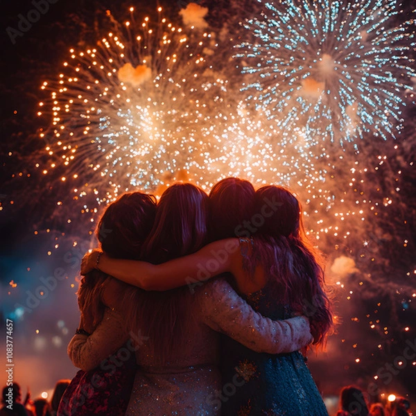 Obraz A group of friends celebrates with hugs, enjoying a dazzling fireworks display in the night sky.