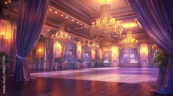 Fototapeta A detailed shot of an elegant ballroom decorated for a formal gala, featuring chandeliers, draped curtains, and a large dance floor.