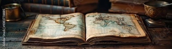Fototapeta A lone, leatherbound atlas opened to a map of the world, on a dark wooden desk