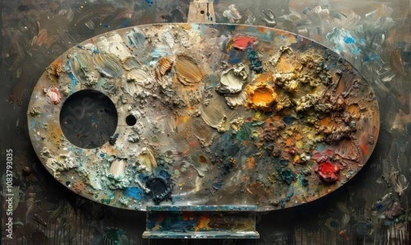 Fototapeta A lone, wooden artists palette with fresh paints, ready for use