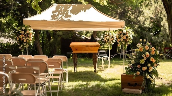 Fototapeta A serene outdoor funeral service setup with a wooden casket adorned with flowers and rows of chairs under a canopy.