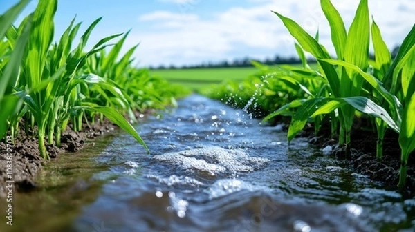 Fototapeta Lush Green Cornfield with Clear Water Stream Flowing Between Rows, Vibrant Nature Landscape under Blue Sky and Fluffy Clouds