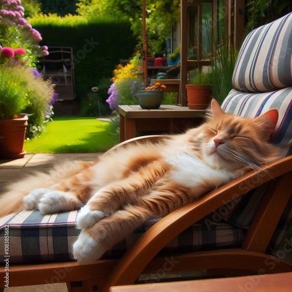Obraz Schlafende Katze auf einem Gartenstuhl