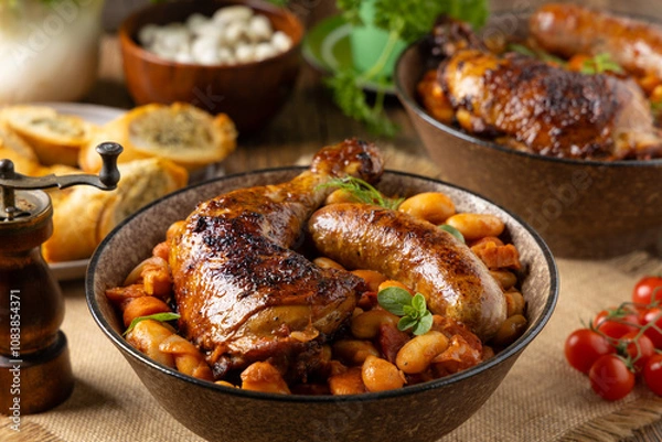 Obraz A traditional French one-pot dish with beans, chicken and white sausage. Cassoulet.