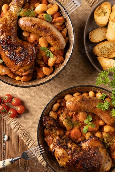 Obraz A traditional French one-pot dish with beans, chicken and white sausage. Cassoulet.