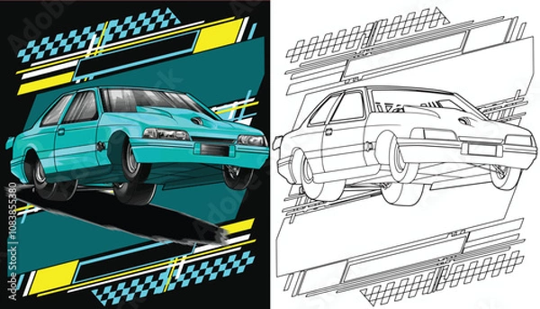 Fototapeta Outline green and painted racing car. Isolated in white background, for t-shirt design, print, and for business purposes.