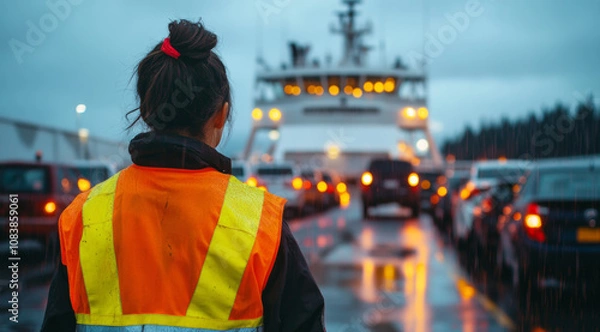 Fototapeta A worker in a reflective vest supervising cars lining up to board a ferry on a rainy evening, with blurred lights.
