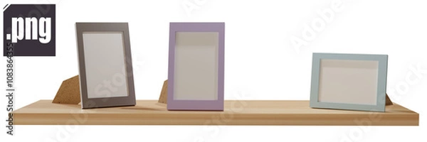 Obraz Wooden shelf with photo frames as a decorative element. Template for design without background. Realistic 3D render.