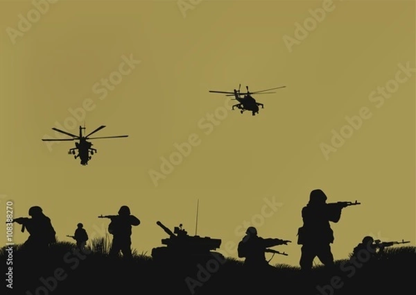 Fototapeta Illustration, the soldiers going to attack and helicopters.