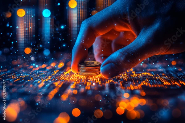 Fototapeta Close-up of a Hand placing coins on a digital glowing dark blue background, representing the concept of financial technology and global trade exchange