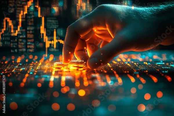 Fototapeta Close-up of a hand placing coins on a digital chart, with a background of stock market data with Digital finance Concept