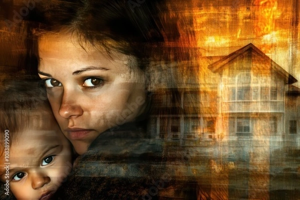 Fototapeta Concerned Mother with Child and Foreclosure Background