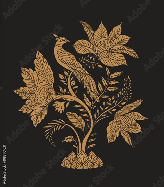 Obraz Bird sits on a branch.Mughal decorative ornamental floral. Vintage intricate traditional mughal style with flowers and foliage.