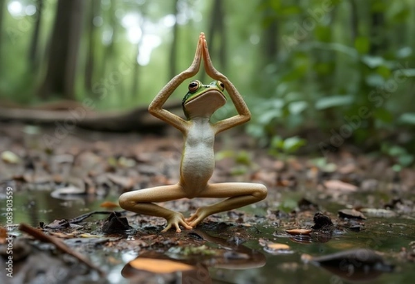 Obraz Cute frog doing yoga. Teaching yoga and eastern school. Meditation in nature