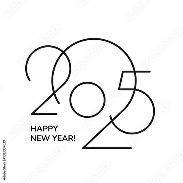 Fototapeta Happy New Year 2025 logo text design. Vector modern geometric minimalistic text, black numbers. Isolated on white background. Concept design. Thin linear inscription. Flat black outline vector icon.