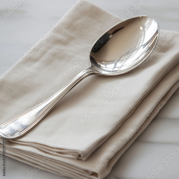 Fototapeta A polished silver spoon resting on a folded linen napkin