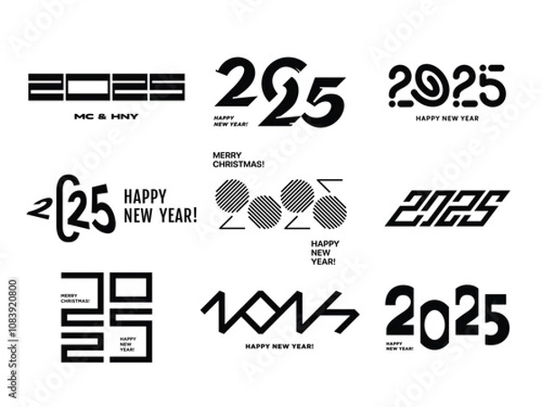 Fototapeta 2025 Happy New Year logo text design. Set of 2025 number design template. Christmas symbols 2025 Happy New Year. Vector illustration with black labels logo for notebooks, calendars.