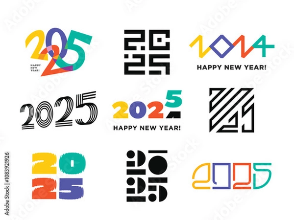 Fototapeta Happy new year 2025 set logo. Brochure or calendar cover vector design template. Set of 2025 number design template. Christmas symbols 2025 Happy New Year.