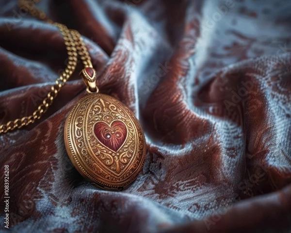 Fototapeta A single, gold locket open to reveal a vintage photo, on a velvet backdrop