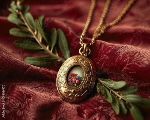 Fototapeta A single, gold locket open to reveal a vintage photo, on a velvet backdrop