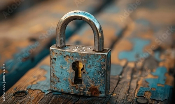 Fototapeta A single, silver padlock with key inserted, on a rustic wooden table