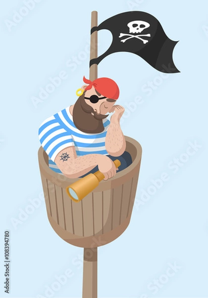 Fototapeta Cartoon Sleeping Hipster Pirate Sitting in Wooden Crows Nest. Cute Vector Character Illustration