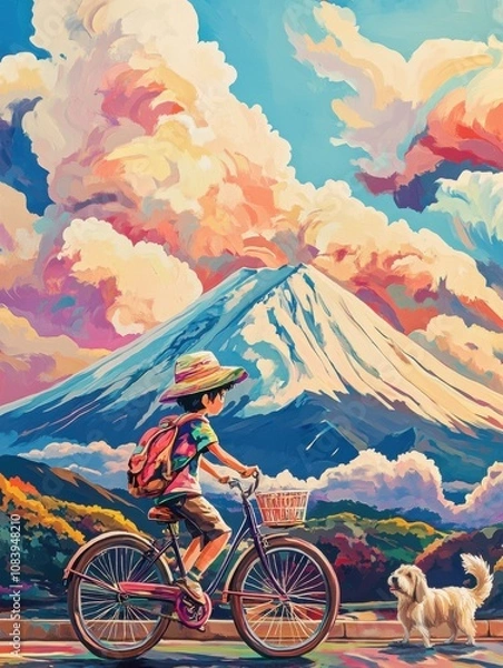 Fototapeta Whimsical Ride to Mount Fuji: A Psychedelic Adventure
