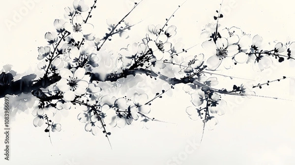 Obraz A Sumi-e Painting of a Delicate Cherry Blossom Branch, Capturing the Grace and Tranquility of Spring in Ink Wash