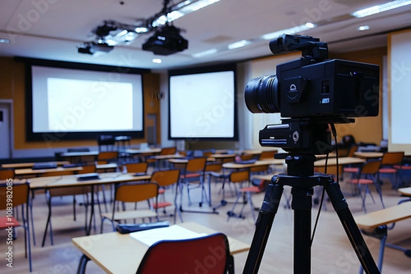Fototapeta A classroom equipped with empty desks and a professional camera prepared for recording