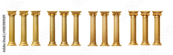 Fototapeta Golden Pillars A collection of 12 ornate golden columns, each with intricate details and unique designs, standing tall and proud, symbolizing strength, stability, and enduring legacy. 