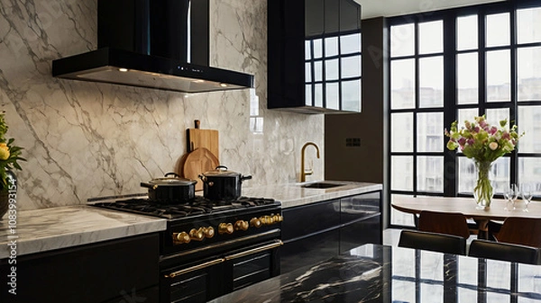 Obraz Elegant contemporary loft kitchen featuring a black glass induction hob with built-in hood or an aspirating induction hob on marble light stoneware countertop panels and a flower vase.