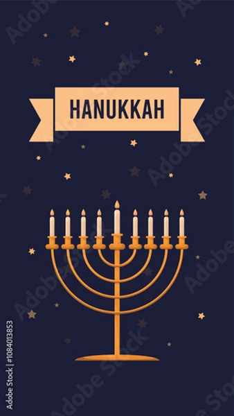Fototapeta Happy Hanukkah Jewish Holiday Social Media Post Template.Hanukkah on burgundy vertical background with holiday candles and David stars.Design for Jewish Festival of light. Place for your text.