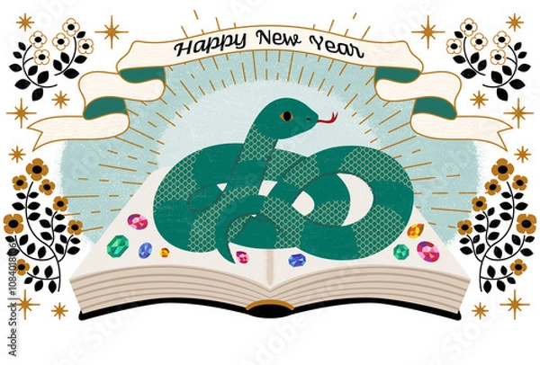 Obraz 巳年の年賀状、再生と変化を象徴する巳年、知恵と深い洞察力を持ち、金運と学問運に長けた素晴らしい一年を過ごせますように