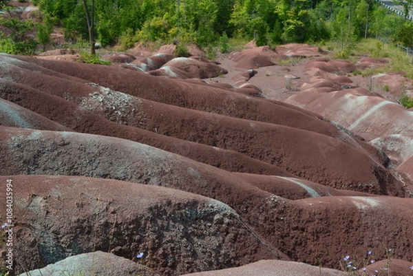 Fototapeta "Badlands" are areas of soft rock (soft shale and clay) that are easily eroded by water, devoid of vegetation and soil cover, which have become a rolling landscape with rounded hills and ravines.